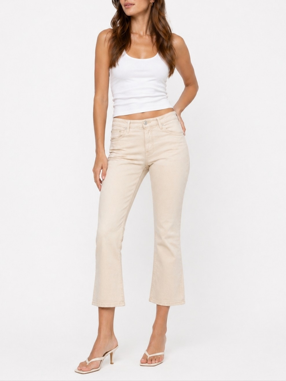 Good American Beige  Cropped Mini Bootcut Shaping Tummy Control Size 12 Jeans